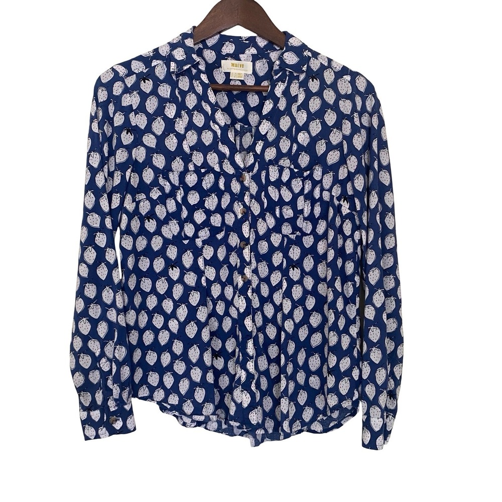 Maeve Anthropologie Women's Blouse 2 Blue Strawberry Print Long Sleeve Rayon Top